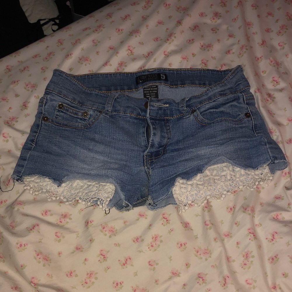 Garage Light Blue Denim Shorts with White Lace Trim